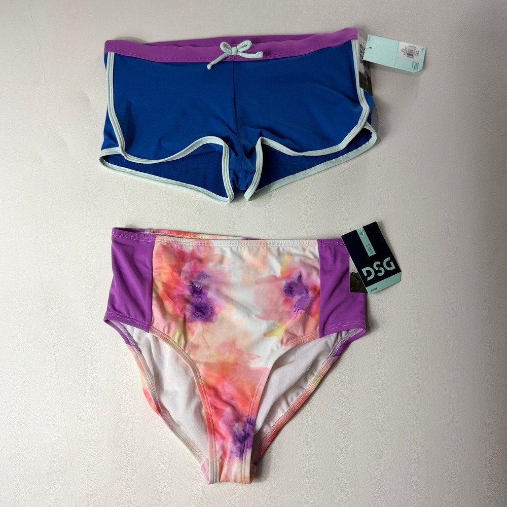 Lot of 2 DSG Girls XL 16 Swim Bottoms Blue Shorts Floral High Waist DSG7066 NWT